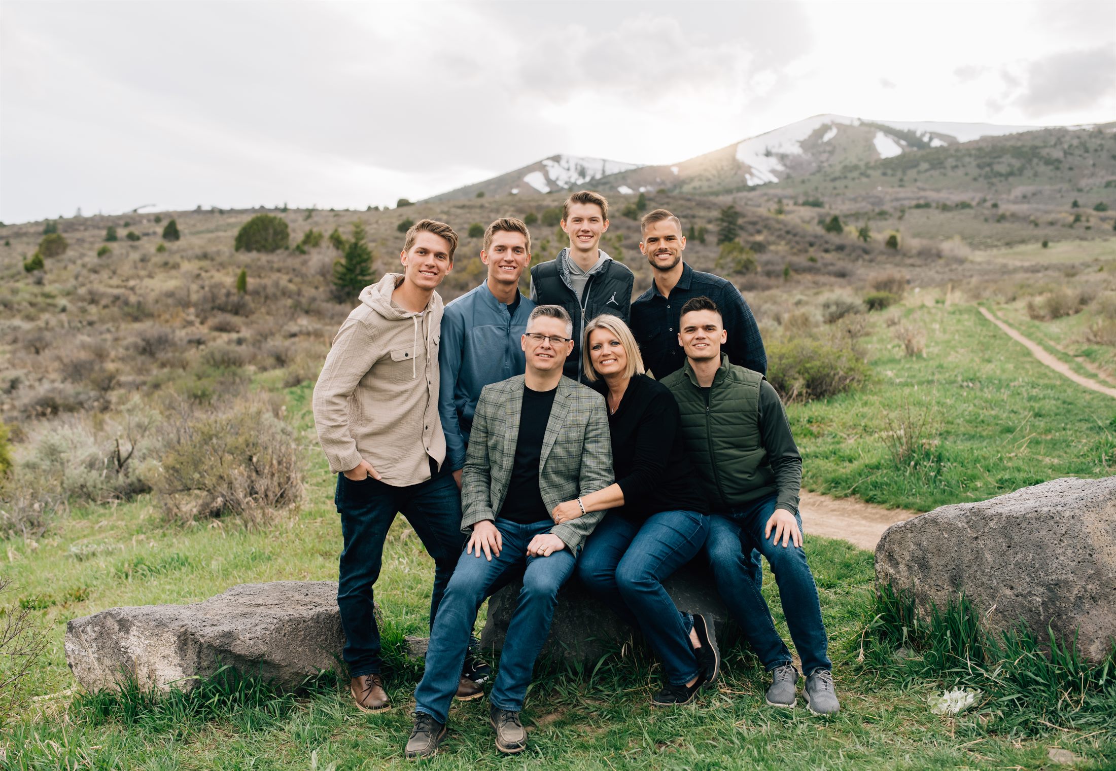 The West family — Jason, Maxine, and their five sons — in the Idaho foothills